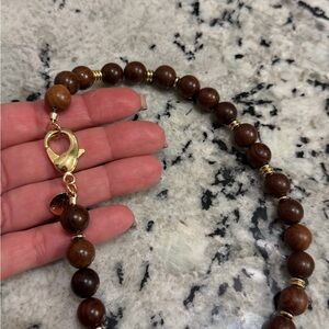 Women's Brown Wood Bead Necklace with Gold Accents